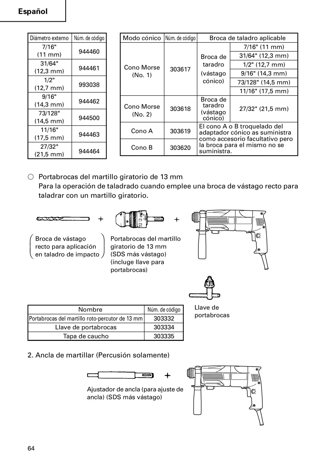 Hitachi DH 24PC instruction manual Ancla de martillar Percusión solamente 