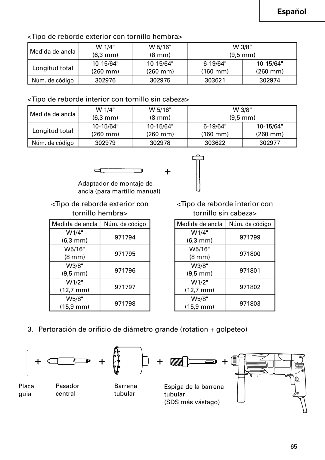 Hitachi DH 24PC instruction manual Tipo de reborde exterior con tornillo hembra 