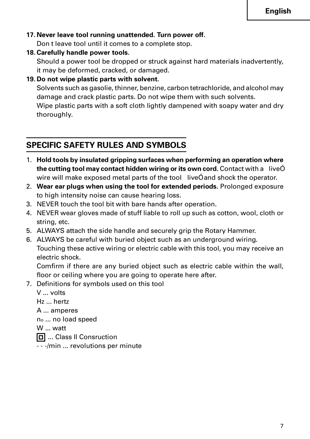 Hitachi DH 24PC instruction manual Specific Safety Rules and Symbols, Do not wipe plastic parts with solvent 