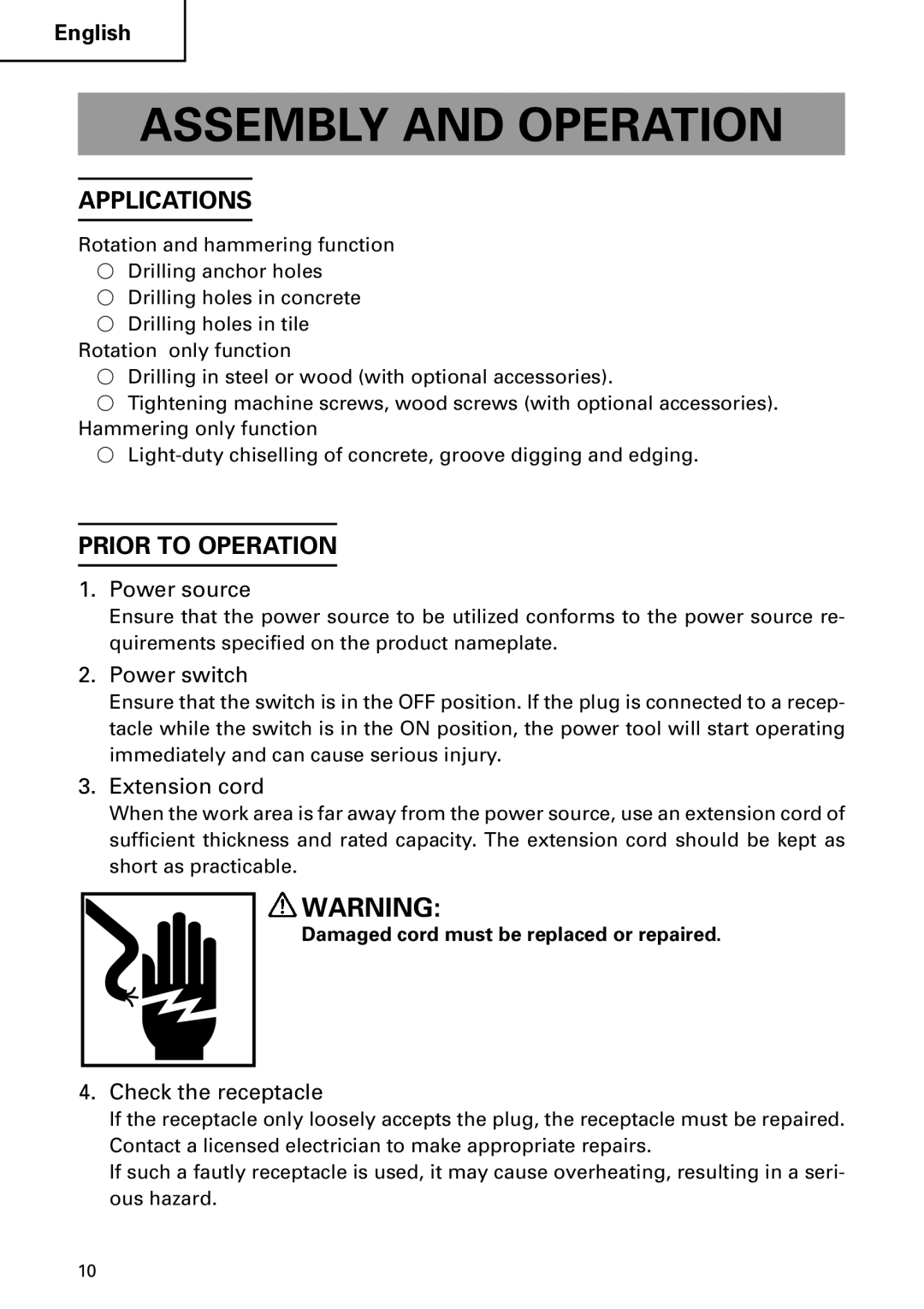 Hitachi DH 24PC2 instruction manual Assembly and Operation, Applications, Prior to Operation 