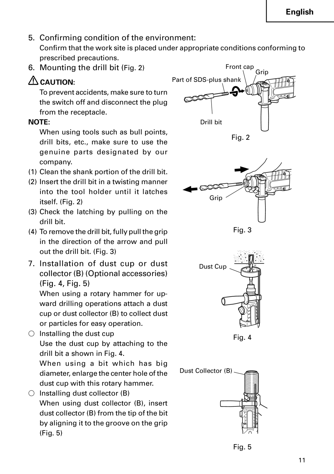 Hitachi DH 24PC2 instruction manual Confirming condition of the environment, Mounting the drill bit Fig 