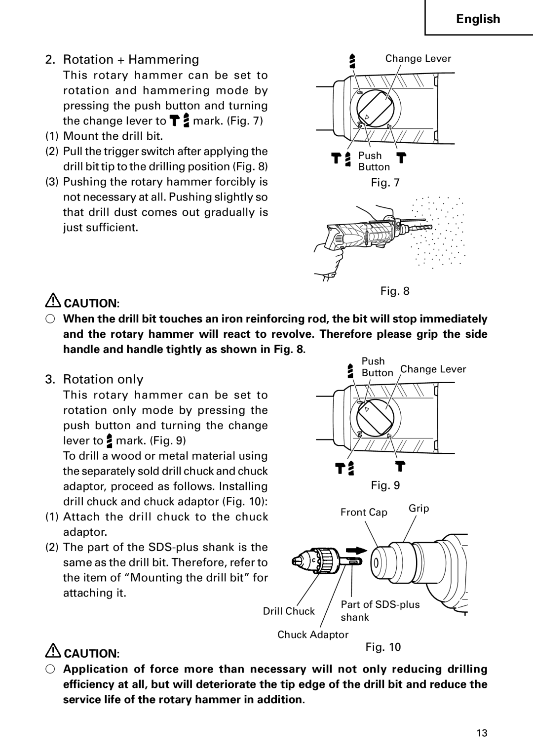 Hitachi DH 24PC2 instruction manual Rotation + Hammering, Rotation only 