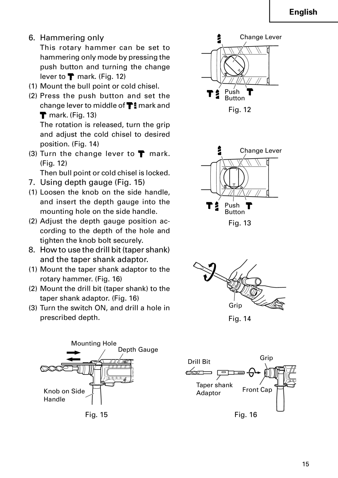 Hitachi DH 24PC2 instruction manual Hammering only, Using depth gauge Fig 