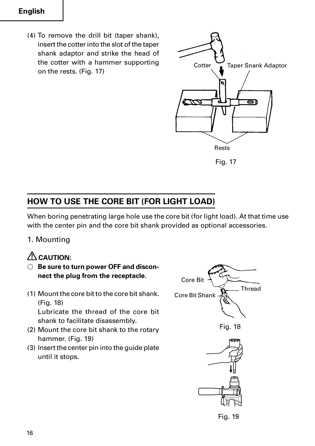 Hitachi DH 24PC2 instruction manual HOW to USE the Core BIT for Light Load, Mounting, On the rests. Fig 