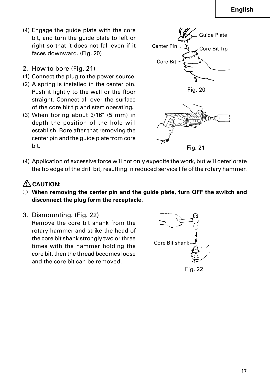 Hitachi DH 24PC2 instruction manual How to bore Fig, Dismounting. Fig 