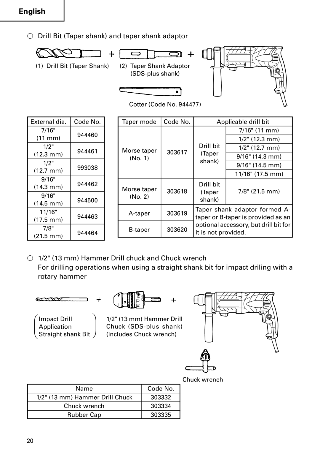 Hitachi DH 24PC2 instruction manual Drill Bit Taper shank and taper shank adaptor 