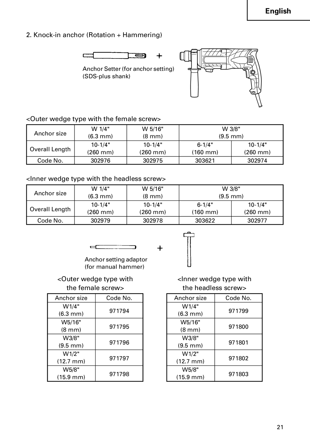 Hitachi DH 24PC2 instruction manual Knock-in anchor Rotation + Hammering, Outer wedge type with the female screw 