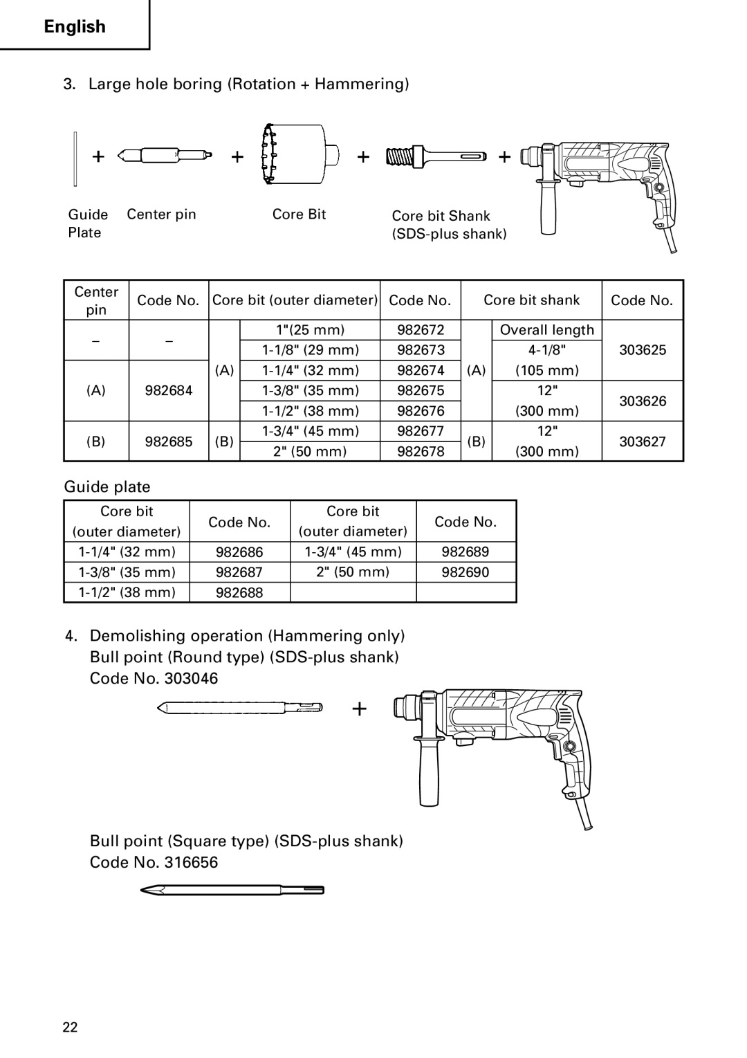 Hitachi DH 24PC2 instruction manual Large hole boring Rotation + Hammering, Guide plate 