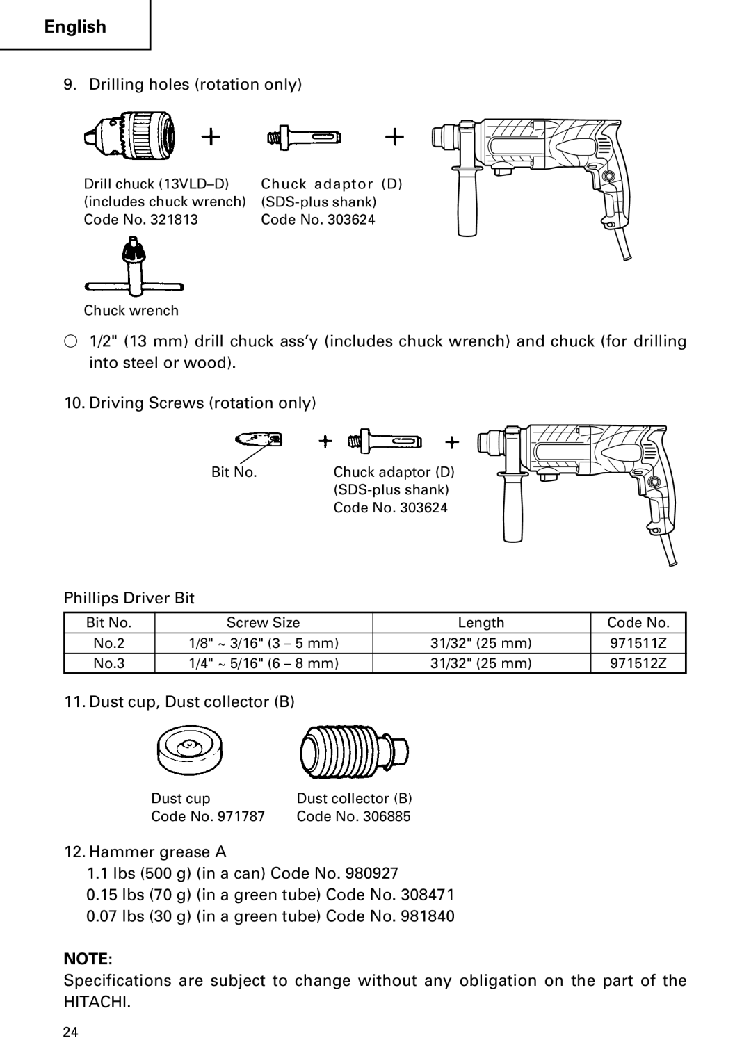 Hitachi DH 24PC2 instruction manual Drilling holes rotation only, Phillips Driver Bit, Dust cup, Dust collector B 