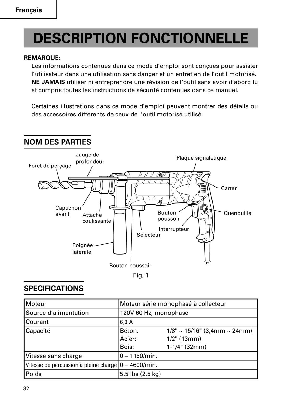 Hitachi DH 24PC2 instruction manual Description Fonctionnelle, NOM DES Parties, 4600/min Poids Lbs 2,5 kg 