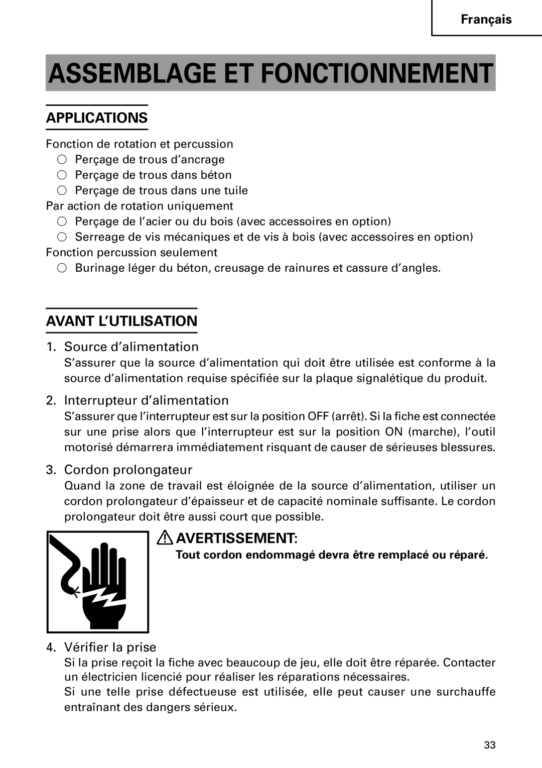 Hitachi DH 24PC2 instruction manual Avant L’UTILISATION, Avertissement 