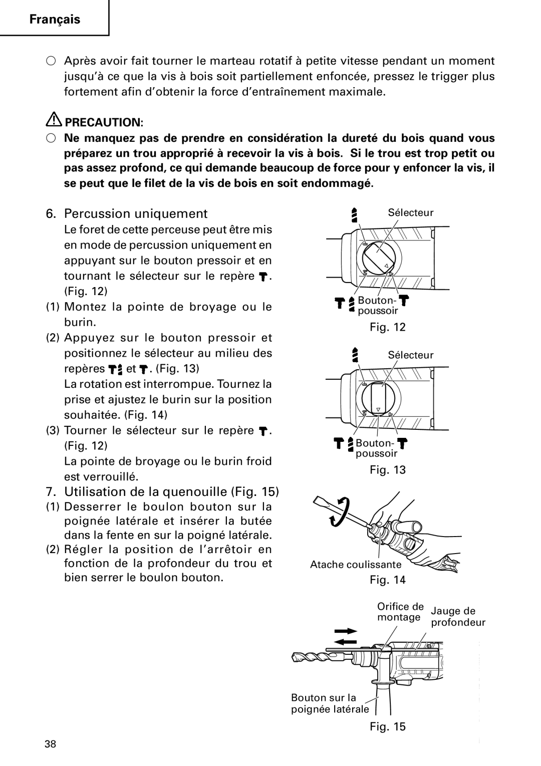 Hitachi DH 24PC2 instruction manual Percussion uniquement, Utilisation de la quenouille Fig 