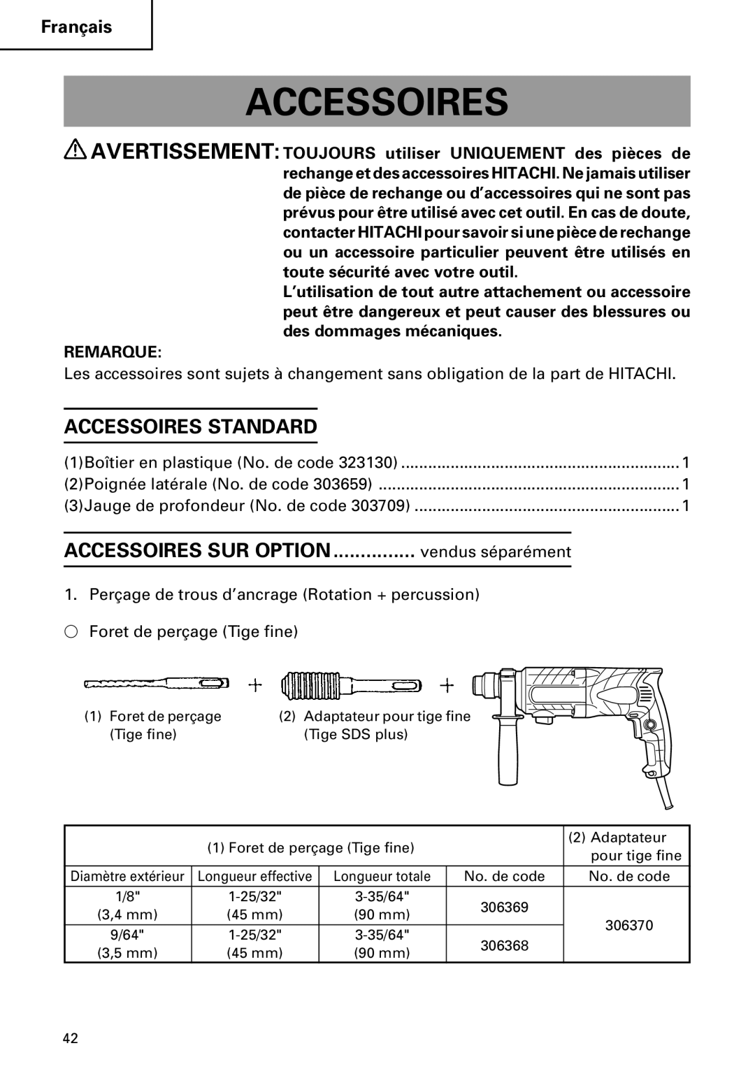 Hitachi DH 24PC2 instruction manual Accessoires Standard, Vendus séparément 