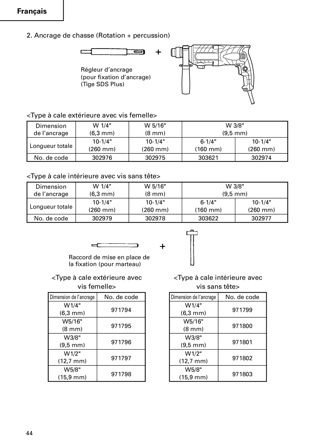 Hitachi DH 24PC2 instruction manual Ancrage de chasse Rotation + percussion, Type à cale extérieure avec vis femelle 