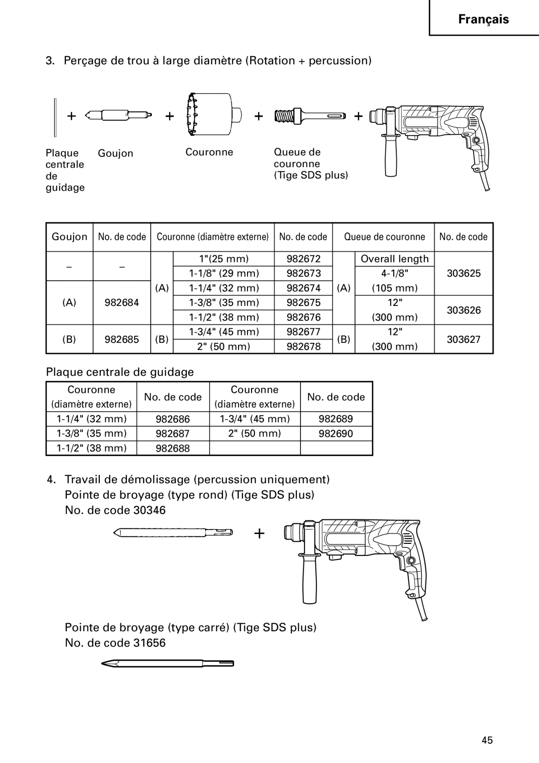 Hitachi DH 24PC2 instruction manual Perçage de trou à large diamètre Rotation + percussion, Plaque centrale de guidage 