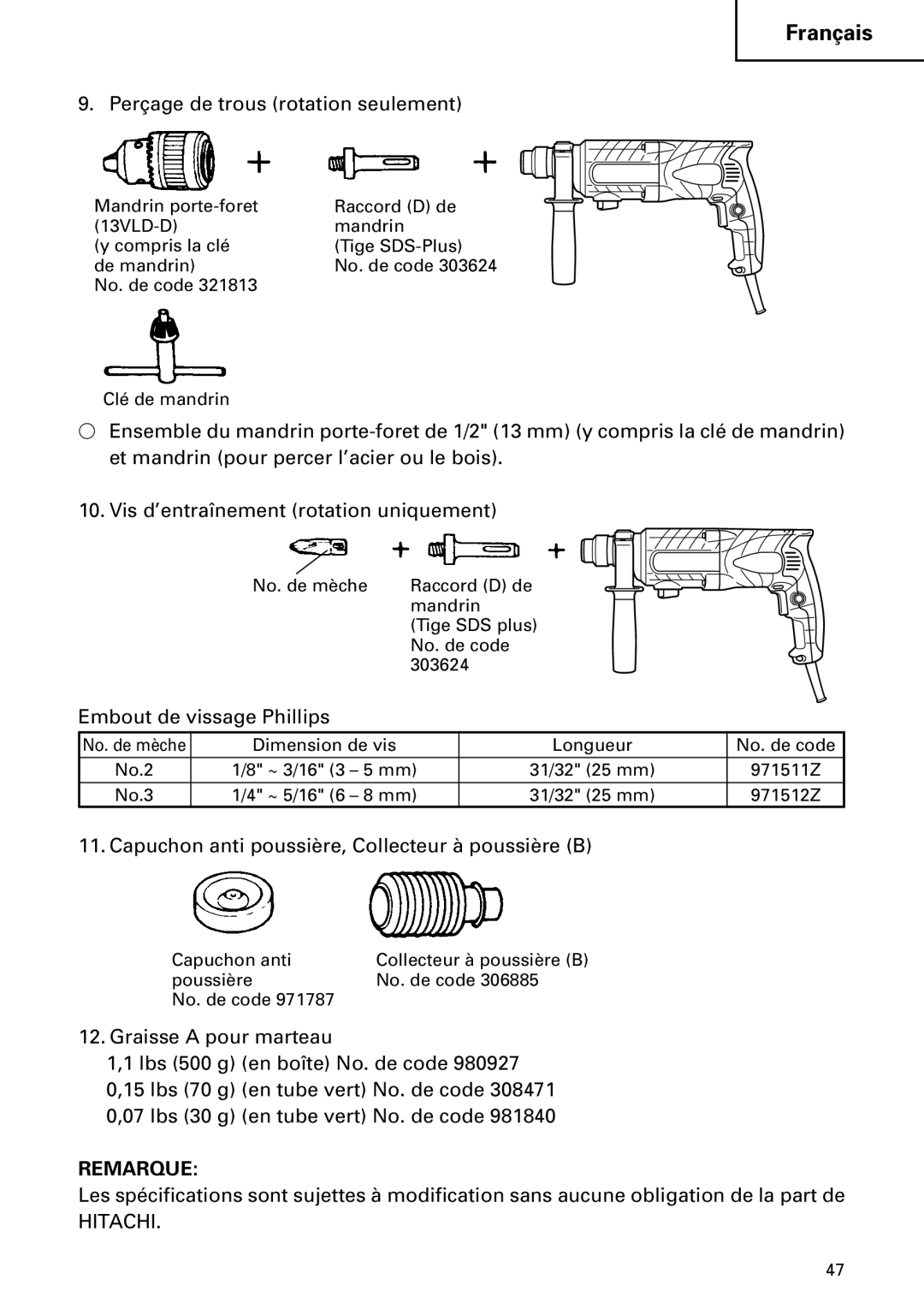 Hitachi DH 24PC2 instruction manual Perçage de trous rotation seulement, Embout de vissage Phillips 