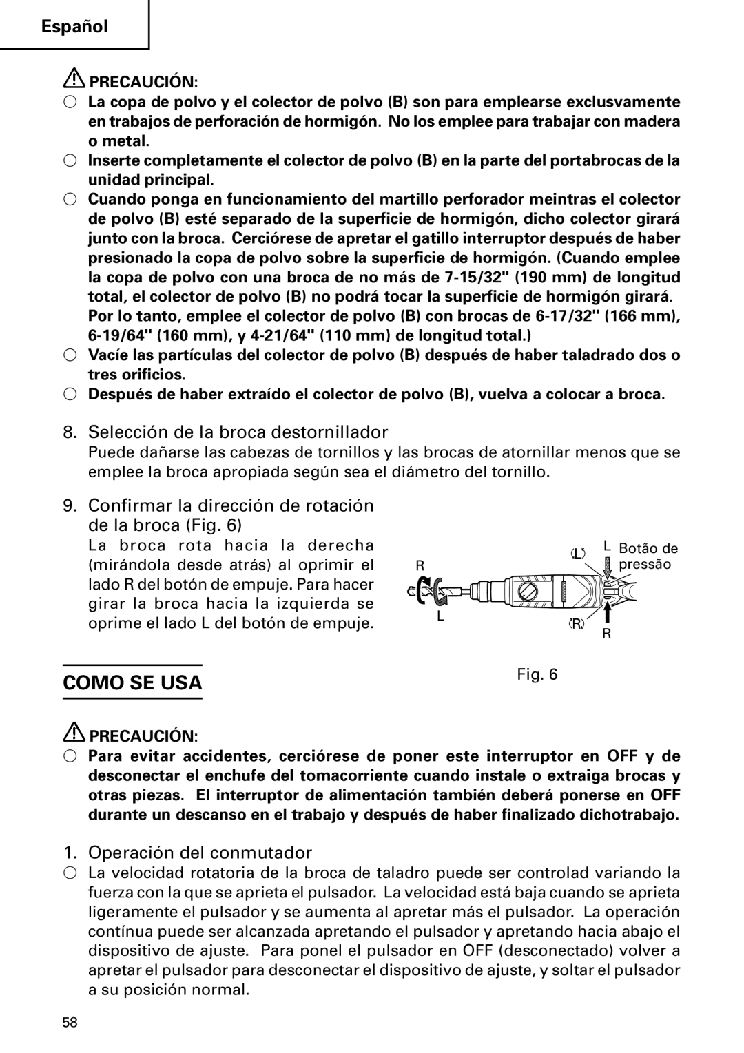 Hitachi DH 24PC2 Como SE USA, Selección de la broca destornillador, Confirmar la dirección de rotación de la broca Fig 