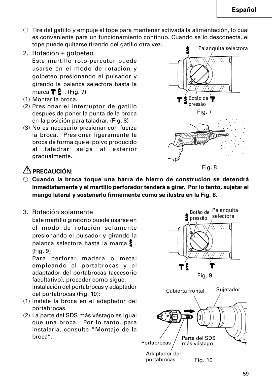 Hitachi DH 24PC2 instruction manual Rotación + golpeteo, Rotación solamente 