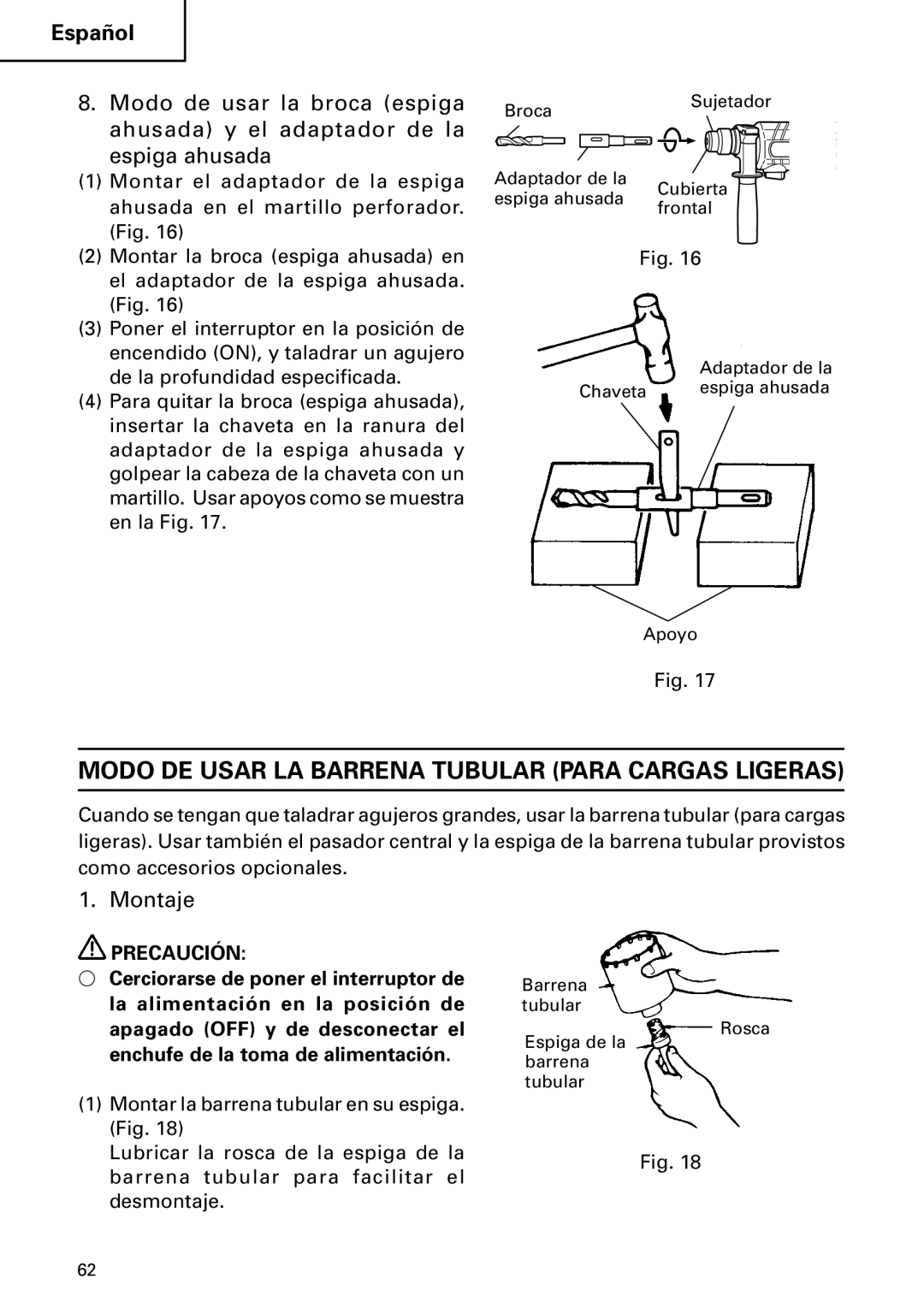 Hitachi DH 24PC2 instruction manual Modo DE Usar LA Barrena Tubular Para Cargas Ligeras, Montaje 