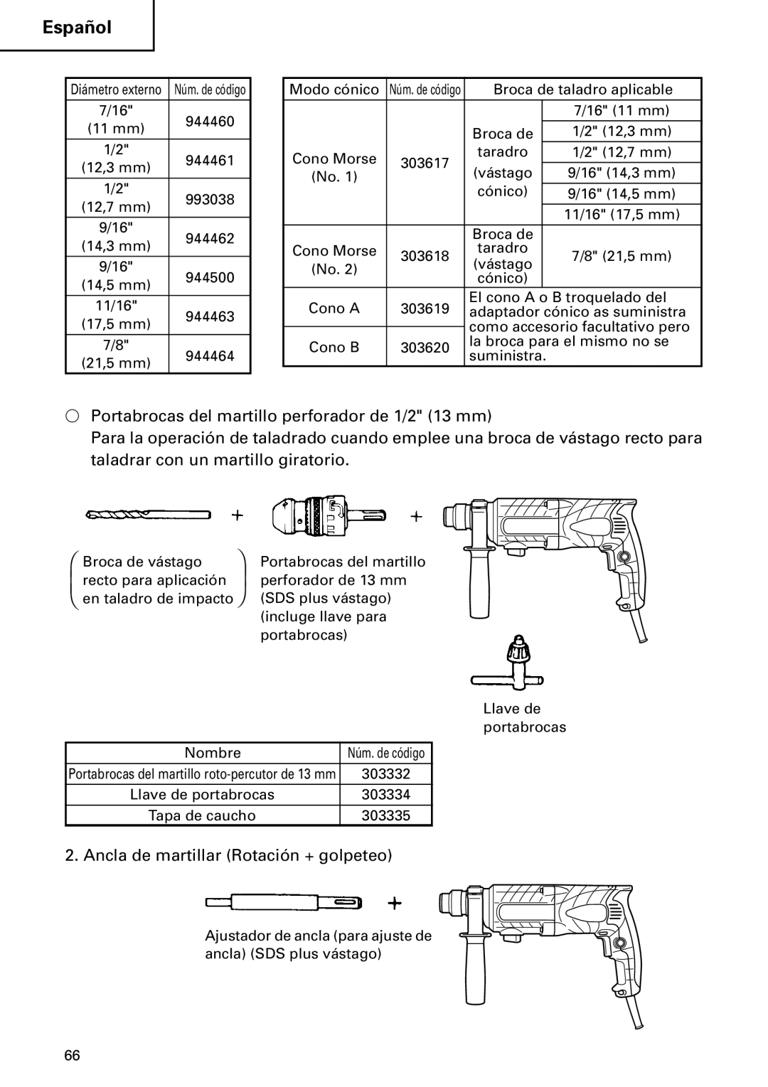 Hitachi DH 24PC2 instruction manual Ancla de martillar Rotación + golpeteo 