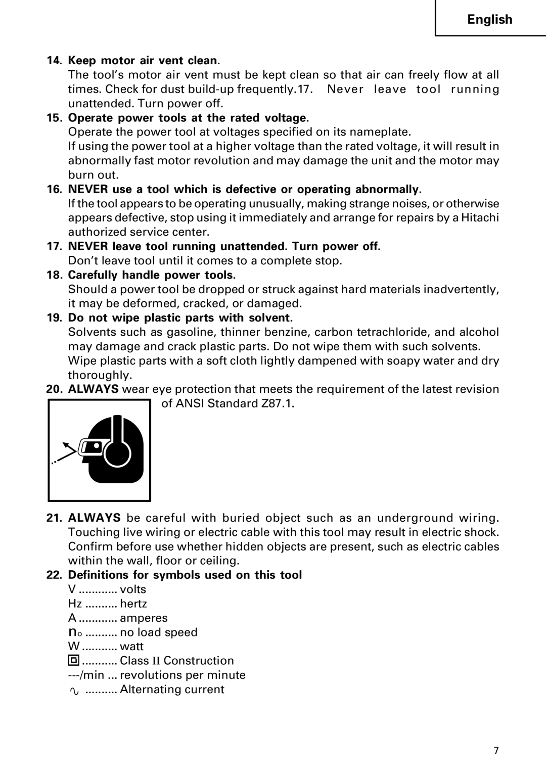 Hitachi DH 24PC2 instruction manual Keep motor air vent clean, Operate power tools at the rated voltage 