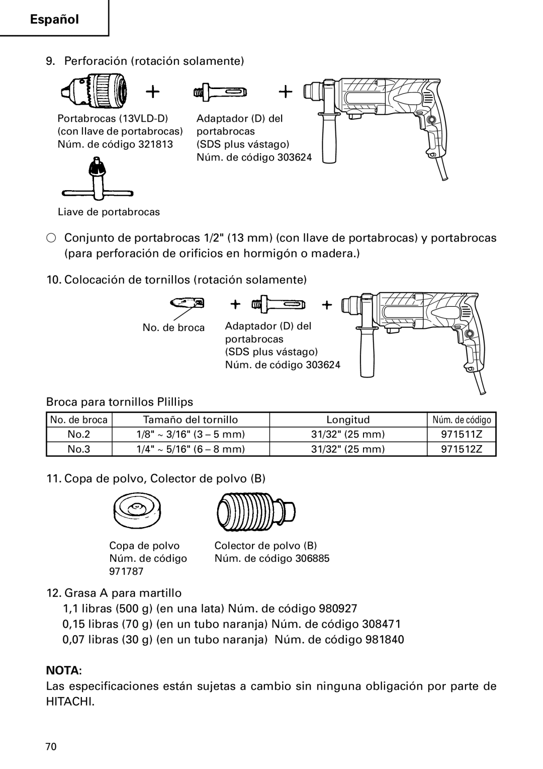 Hitachi DH 24PC2 Perforación rotación solamente, Broca para tornillos Plillips, Copa de polvo, Colector de polvo B 