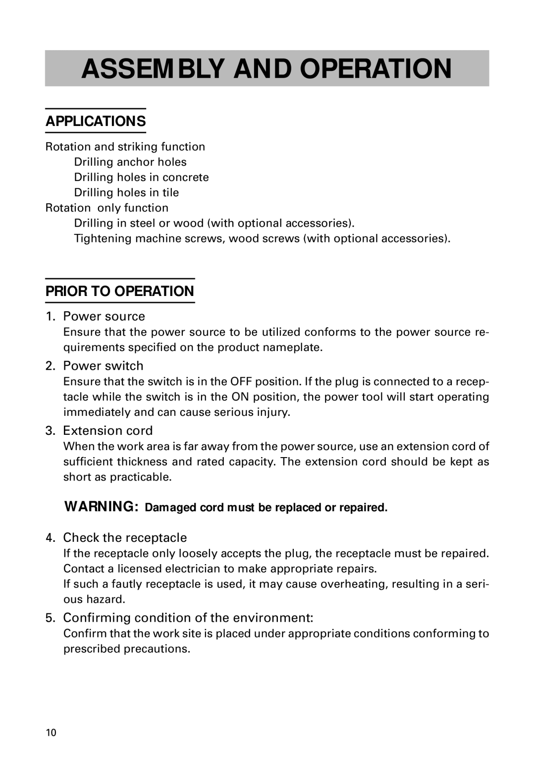 Hitachi DH 24PD instruction manual Assembly and Operation, Applications, Prior to Operation 