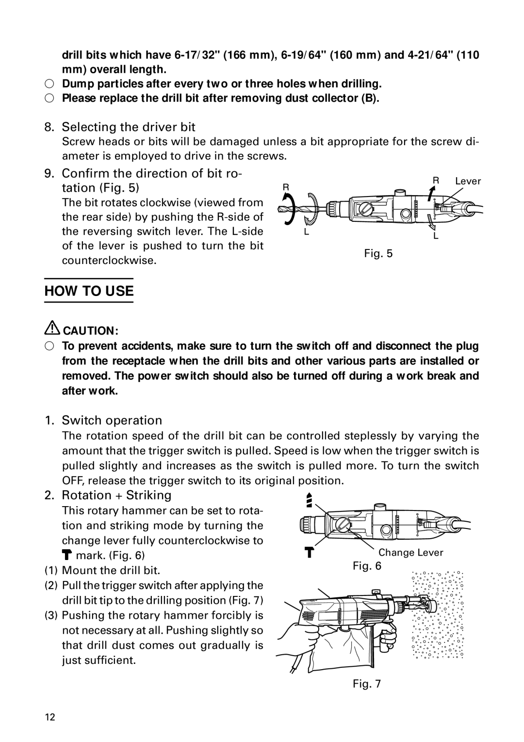 Hitachi DH 24PD HOW to USE, Selecting the driver bit, Confirm the direction of bit ro Tation Fig, Switch operation 