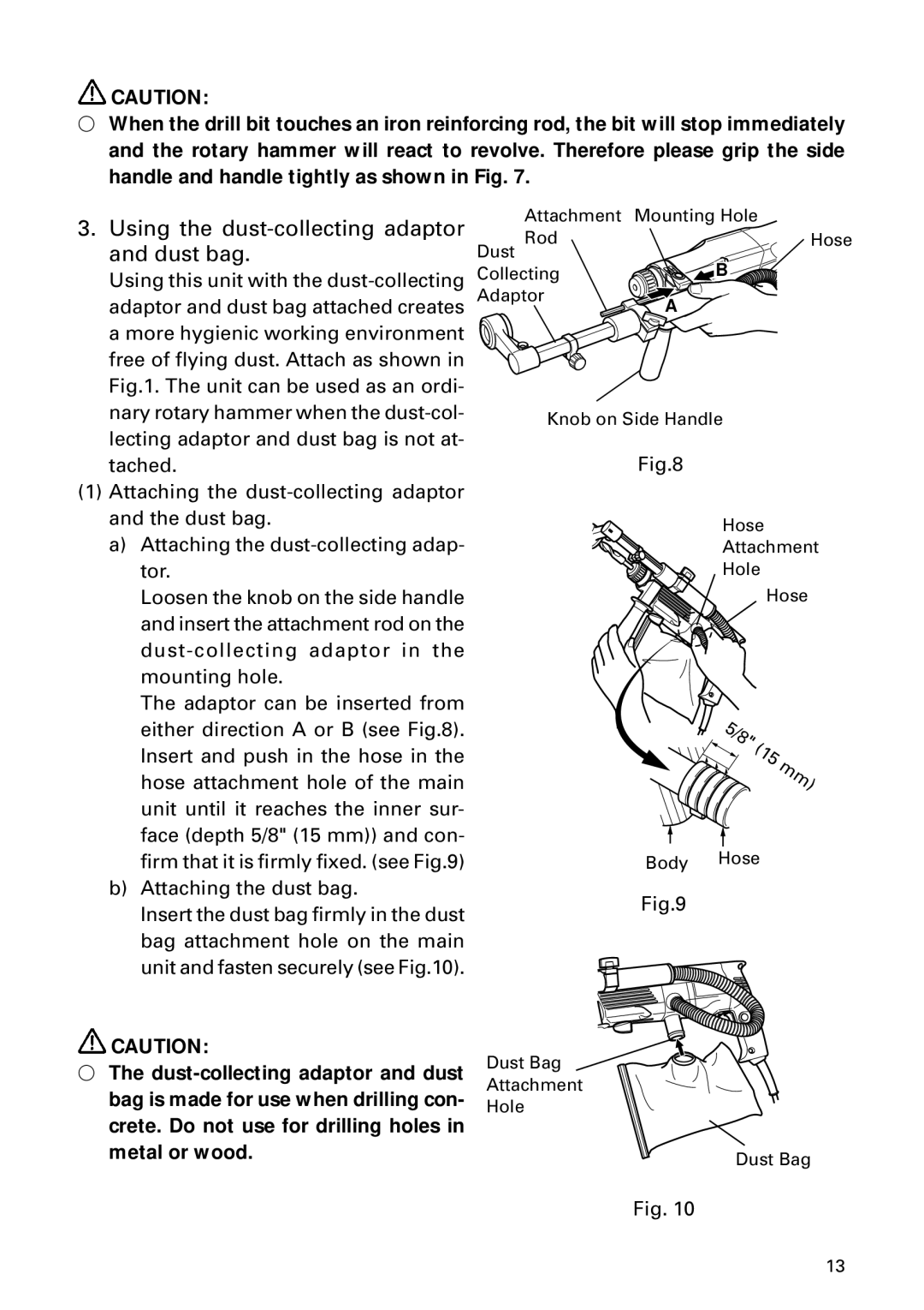 Hitachi DH 24PD instruction manual Using the dust-collecting adaptor and dust bag 