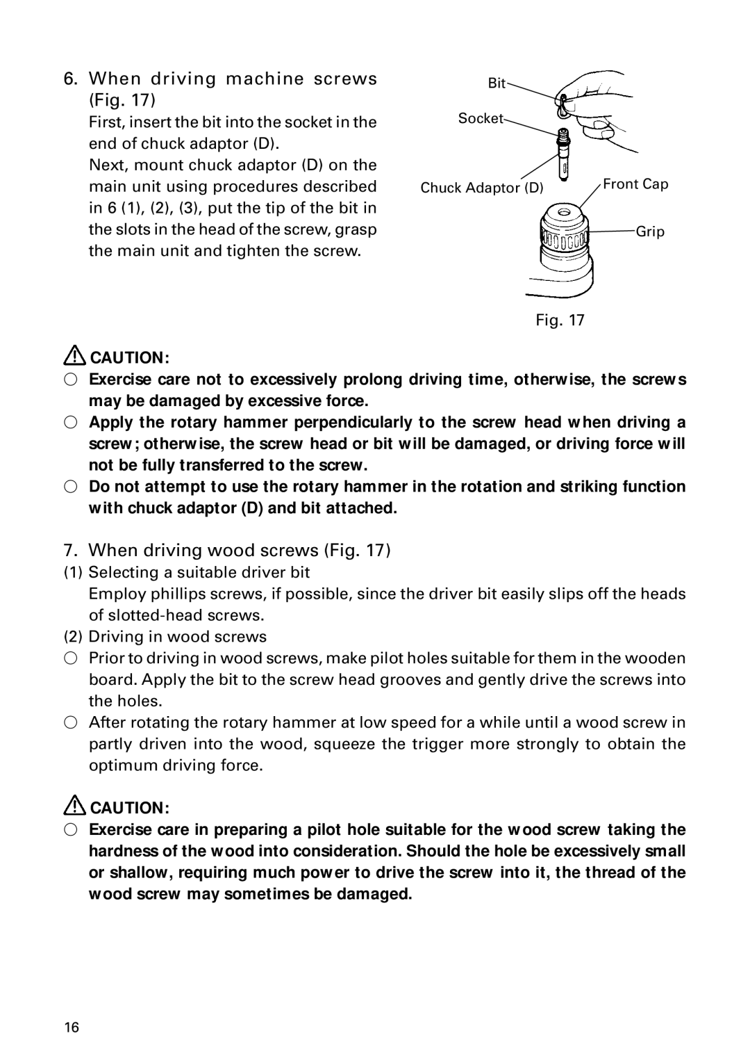 Hitachi DH 24PD instruction manual When driving machine screws Fig, When driving wood screws Fig 