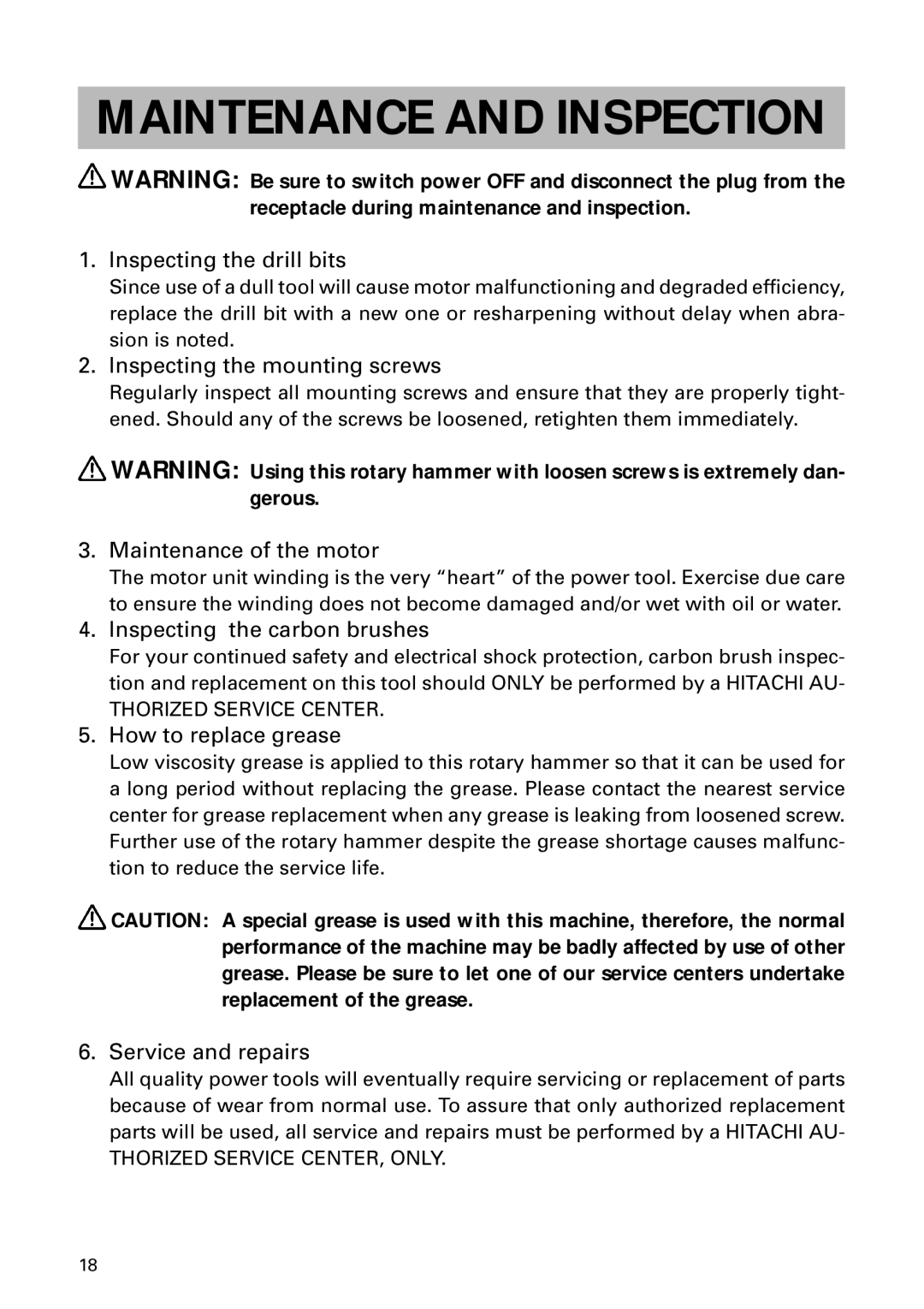 Hitachi DH 24PD instruction manual Maintenance and Inspection 