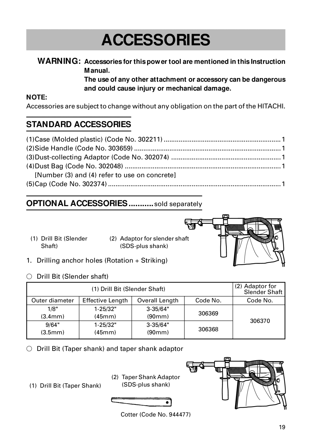 Hitachi DH 24PD instruction manual Standard Accessories 