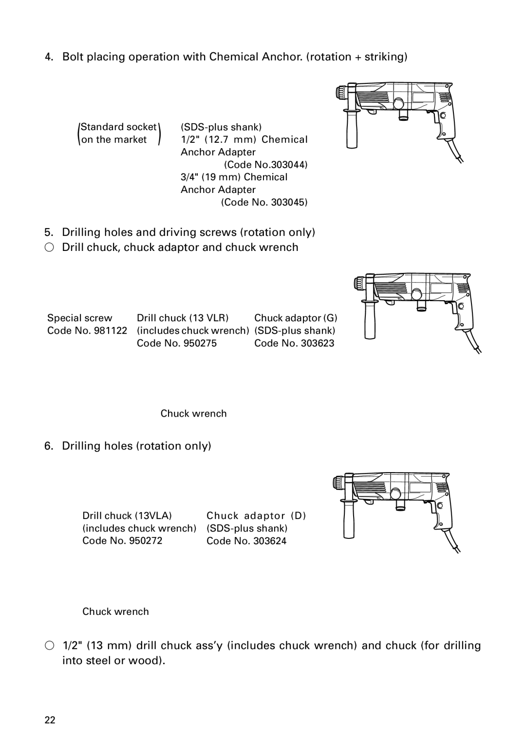 Hitachi DH 24PD instruction manual Drilling holes rotation only 