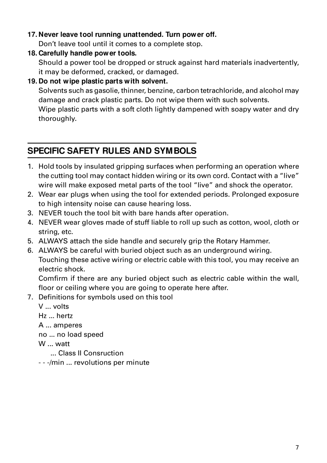 Hitachi DH 24PD instruction manual Specific Safety Rules and Symbols, Do not wipe plastic parts with solvent 