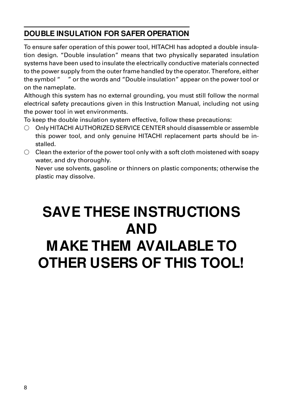 Hitachi DH 24PD instruction manual Double Insulation for Safer Operation 