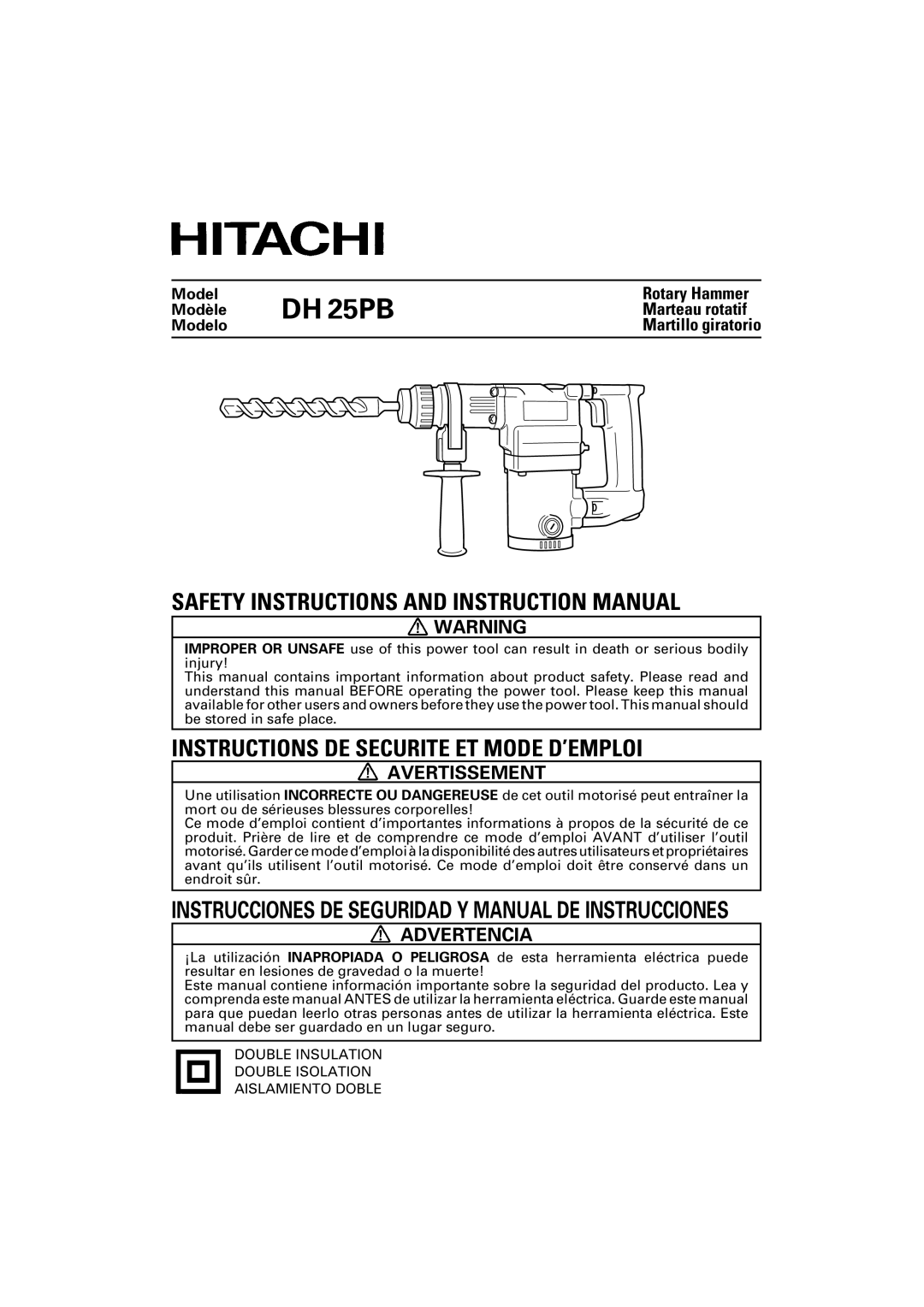 Hitachi DH 25PB instruction manual Avertissement, Advertencia, Martillo giratorio 