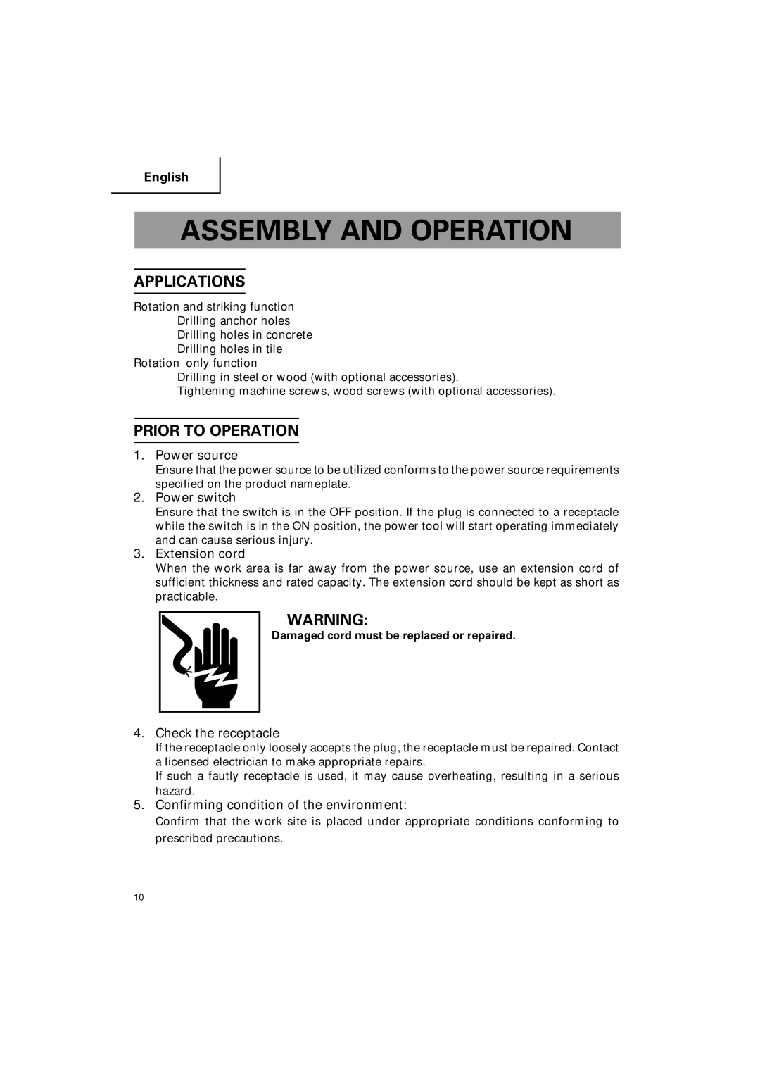 Hitachi DH 25PB instruction manual Assembly and Operation, Applications, Prior to Operation 