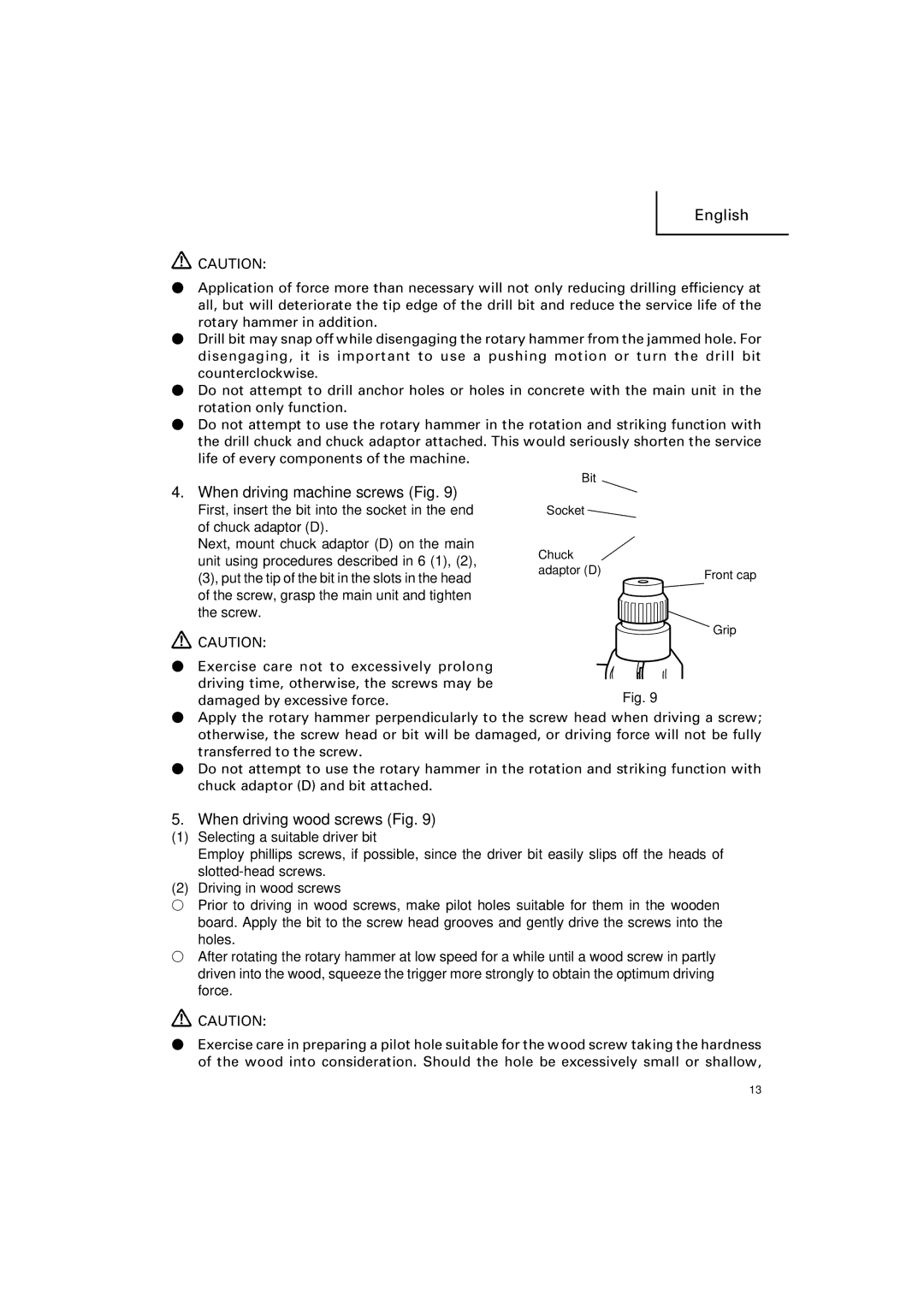 Hitachi DH 25PB instruction manual When driving machine screws Fig, When driving wood screws Fig 