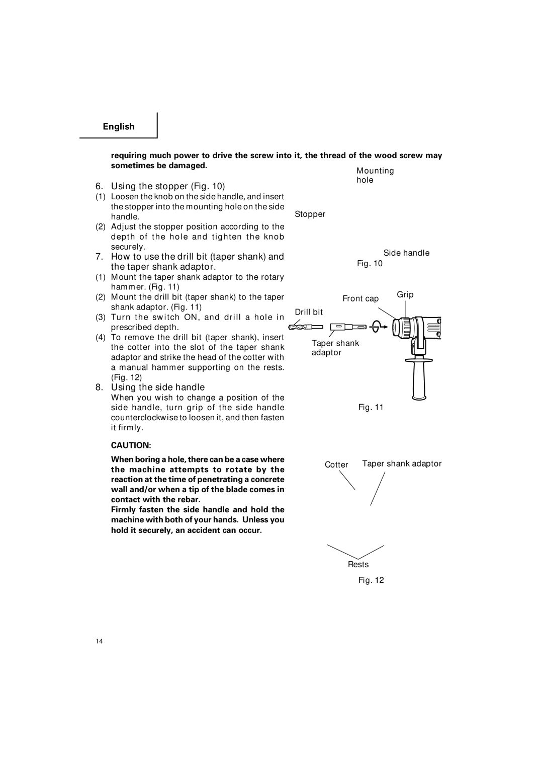 Hitachi DH 25PB Using the stopper Fig, Using the side handle, Mounting hole, Cotter Taper shank adaptor Rests 