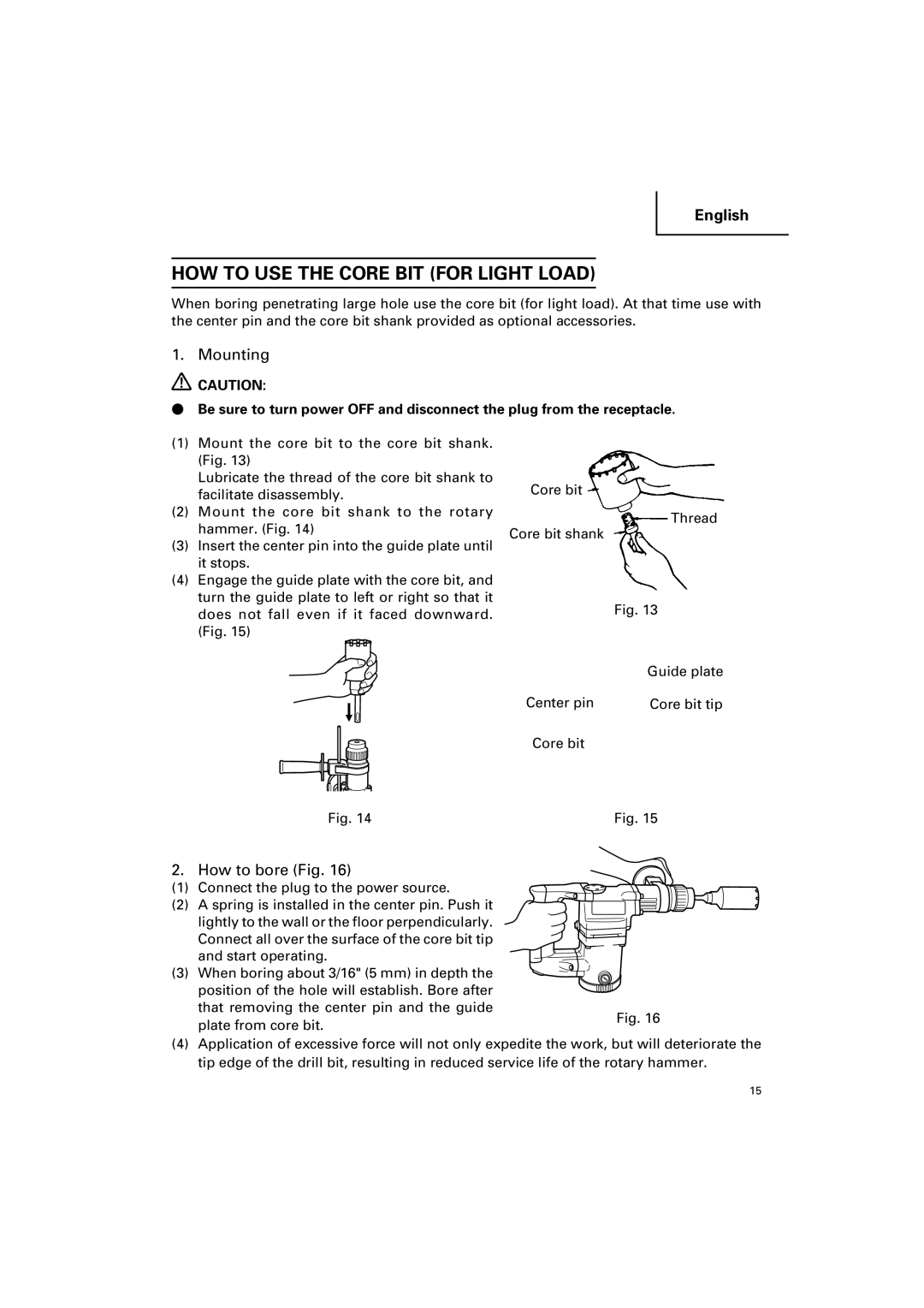 Hitachi DH 25PB instruction manual HOW to USE the Core BIT for Light Load, Mounting, How to bore Fig 