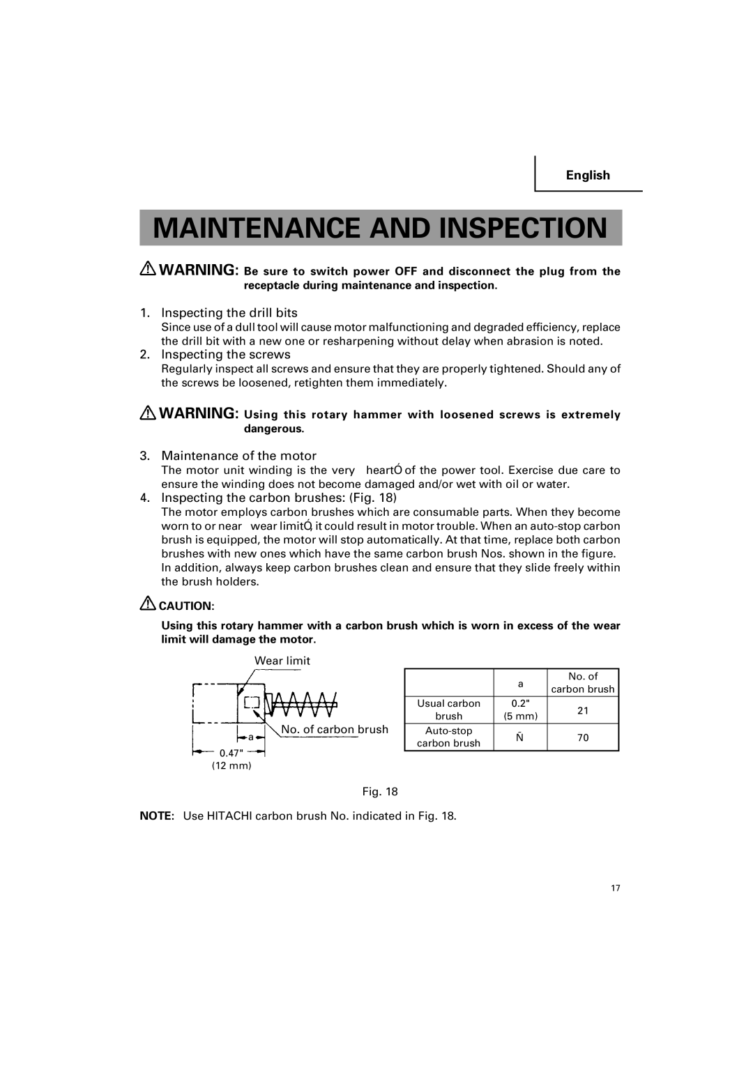 Hitachi DH 25PB Maintenance and Inspection, Inspecting the drill bits, Inspecting the screws, Maintenance of the motor 