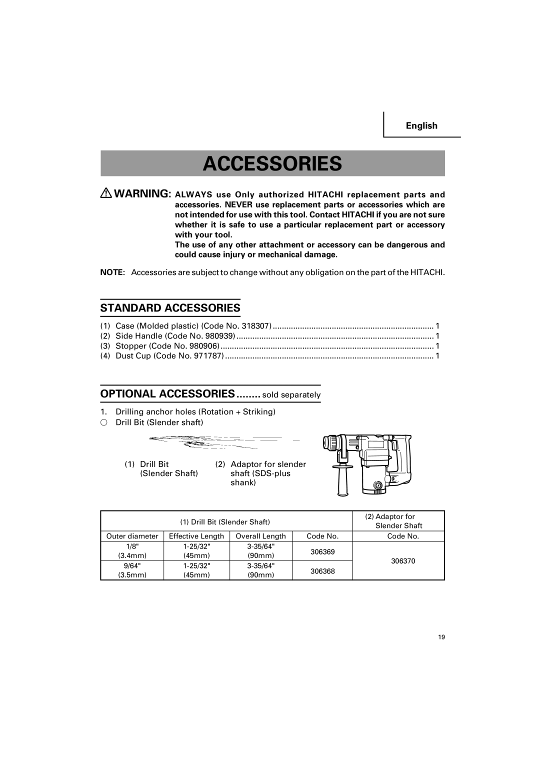 Hitachi DH 25PB instruction manual Standard Accessories 