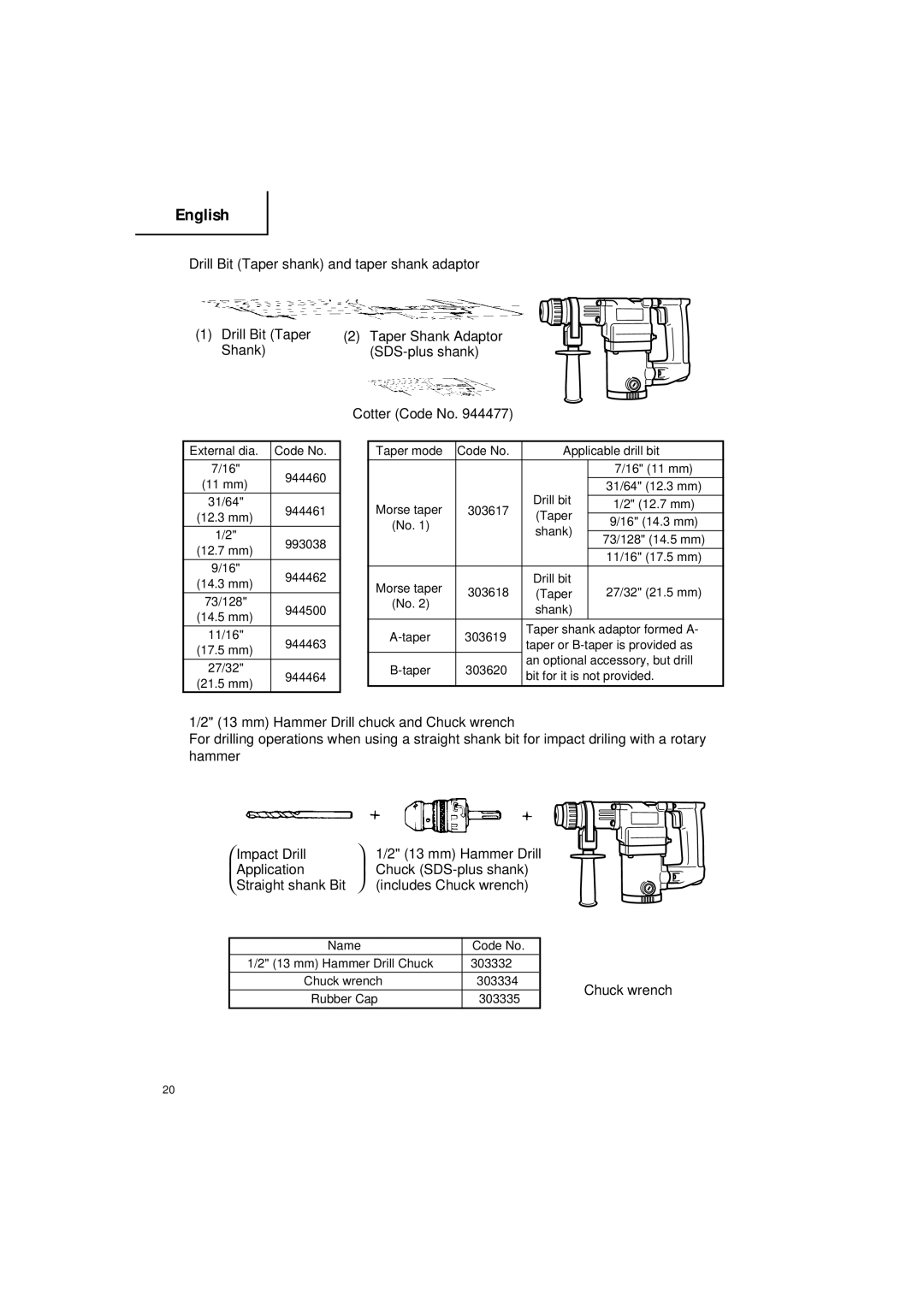 Hitachi DH 25PB instruction manual Cotter Code No, Chuck wrench 