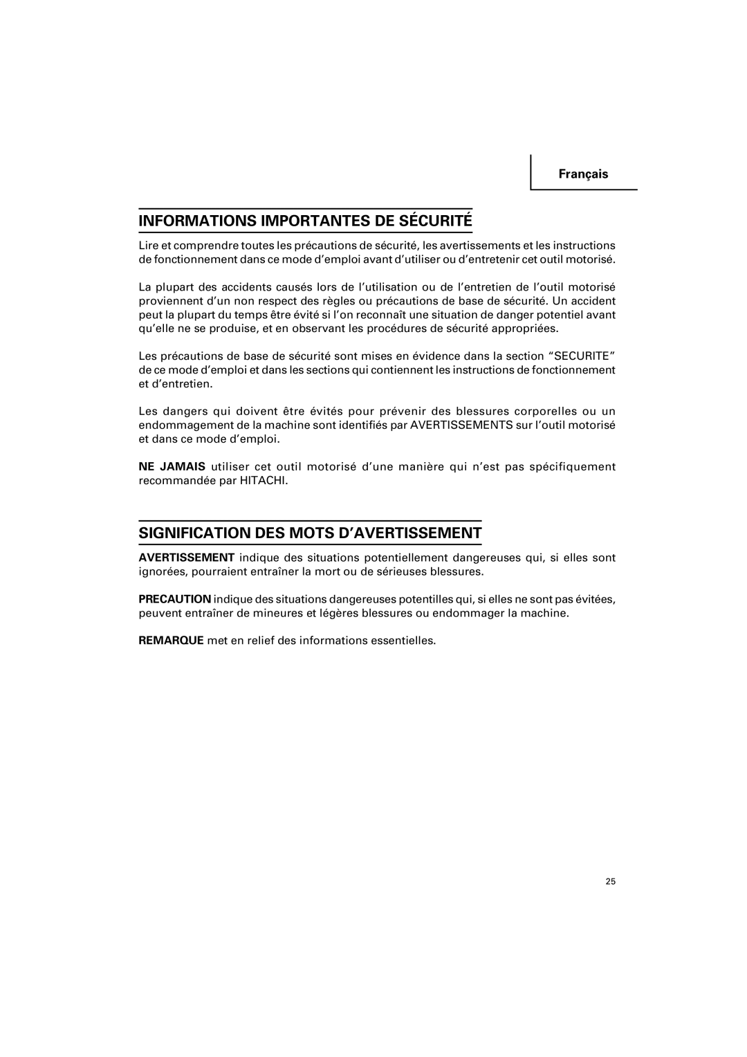 Hitachi DH 25PB instruction manual Informations Importantes DE Sécurité, Signification DES Mots D’AVERTISSEMENT 