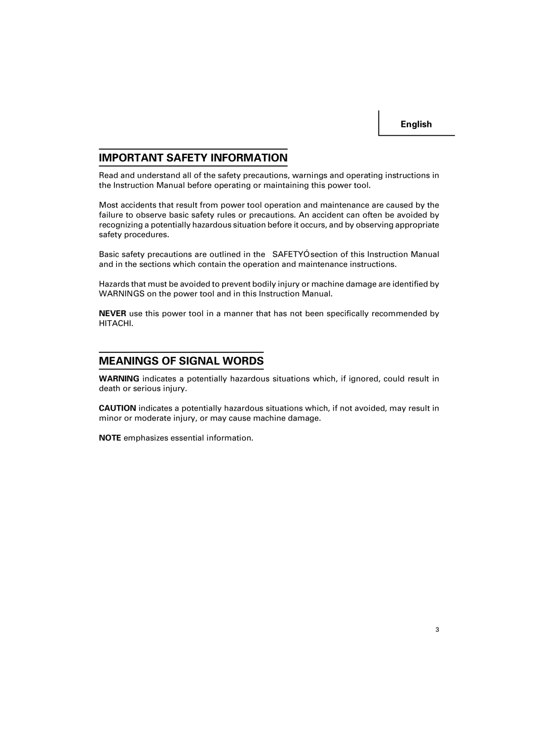 Hitachi DH 25PB instruction manual Important Safety Information, Meanings of Signal Words 