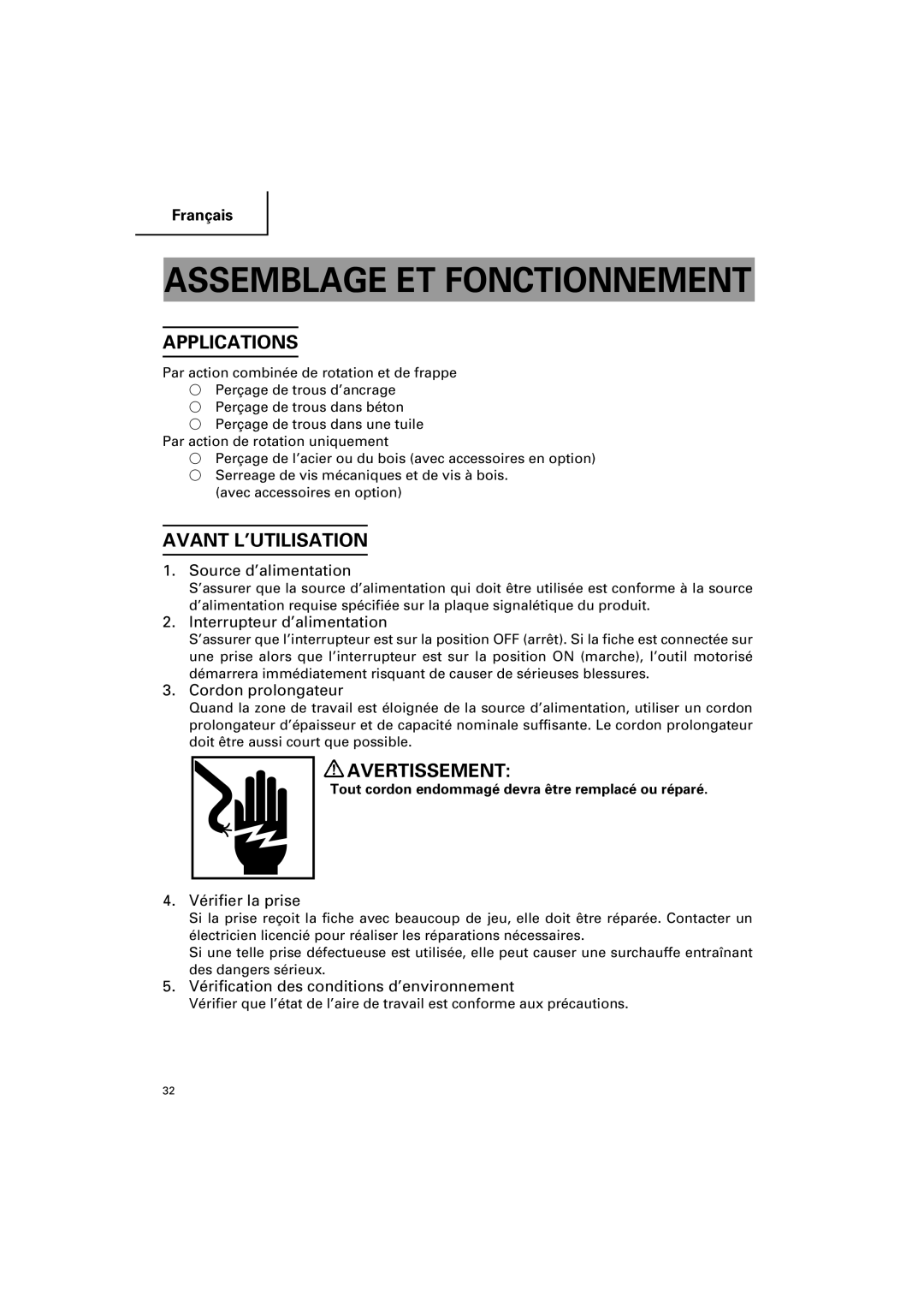 Hitachi DH 25PB instruction manual Assemblage ET Fonctionnement, Avant L’UTILISATION 