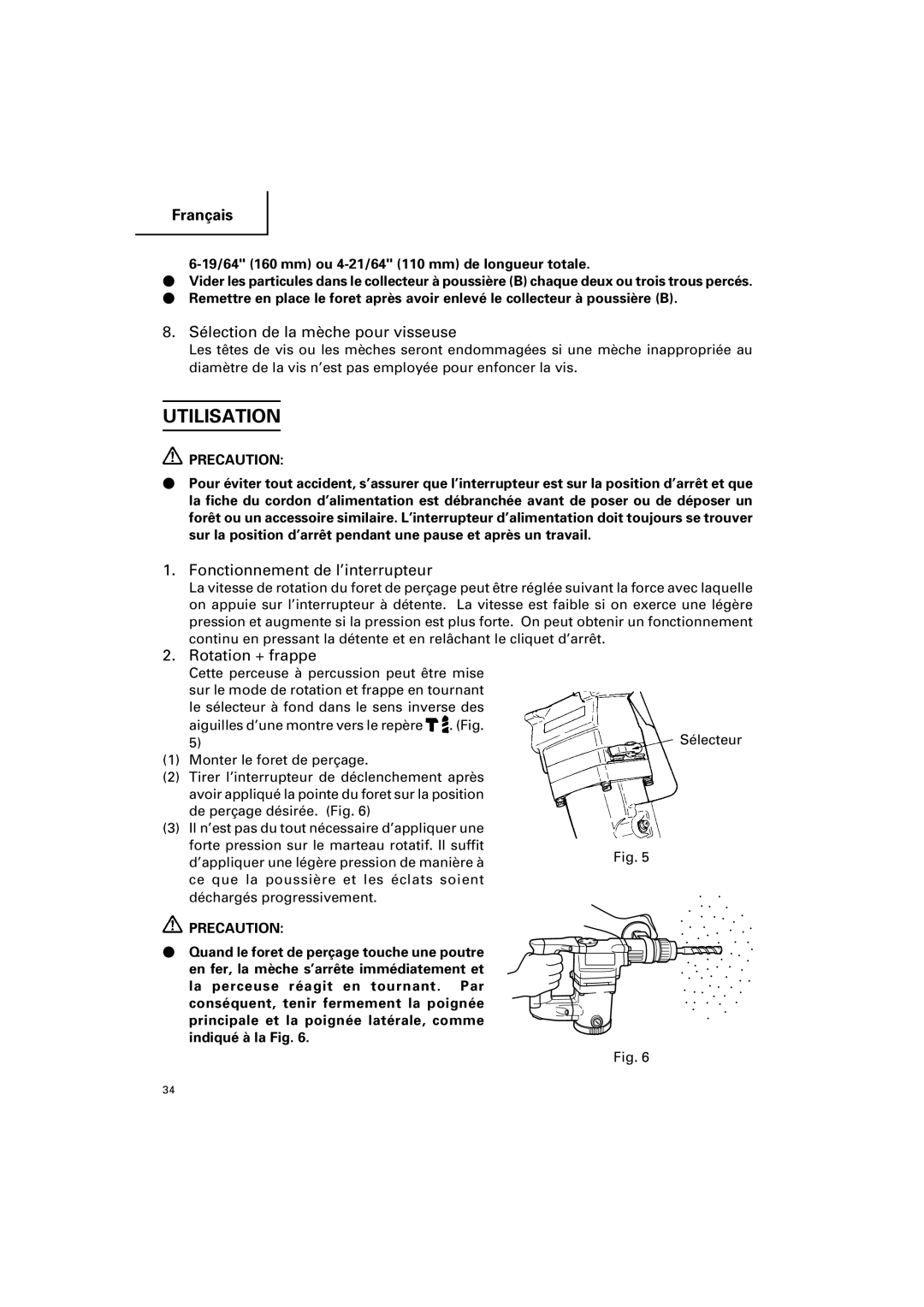 Hitachi DH 25PB Utilisation, Sélection de la mèche pour visseuse, Fonctionnement de l’interrupteur, Rotation + frappe 