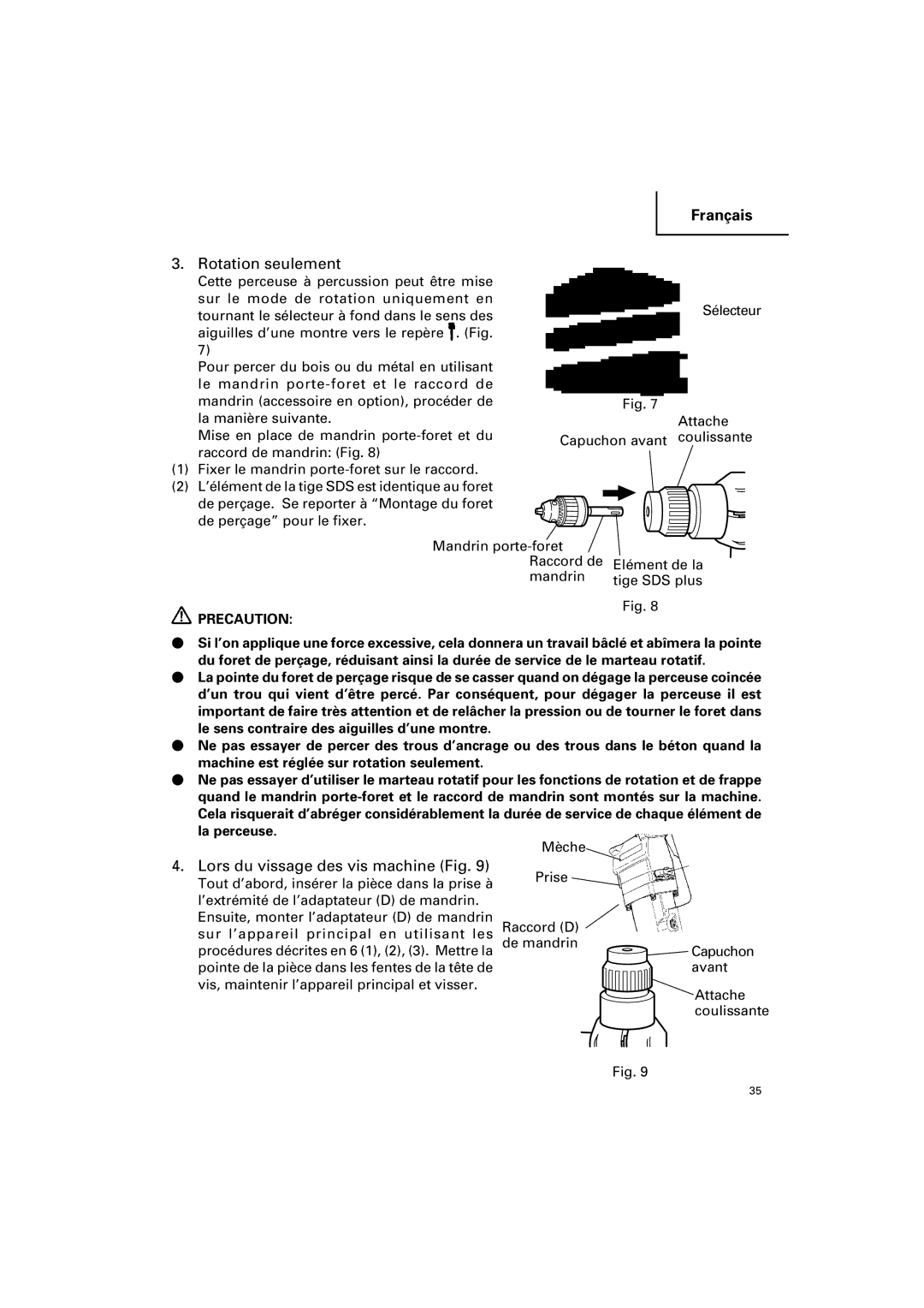 Hitachi DH 25PB instruction manual Rotation seulement, Lors du vissage des vis machine Fig, Mèche 