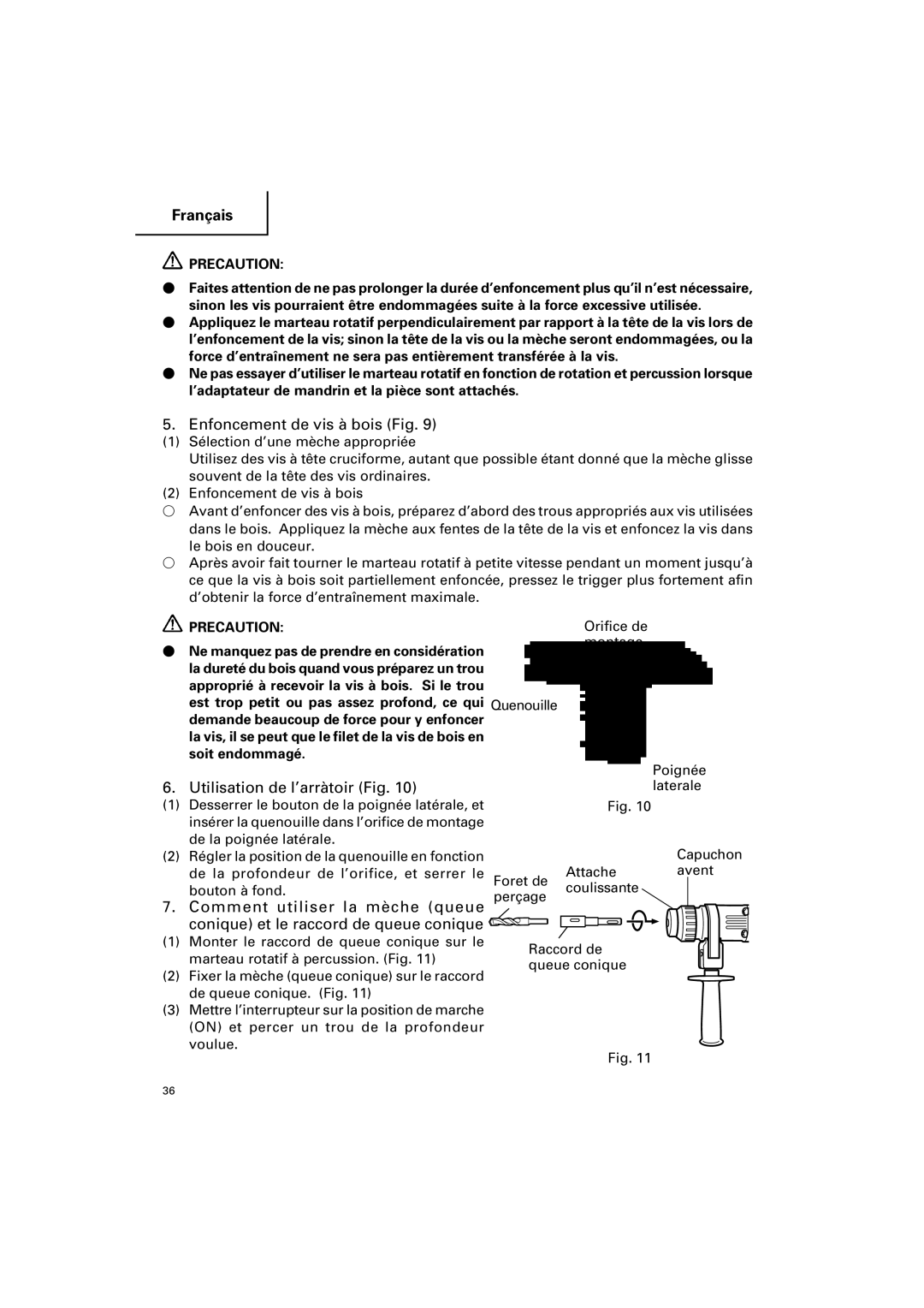 Hitachi DH 25PB instruction manual Enfoncement de vis à bois Fig, Utilisation de l’arràtoir Fig 