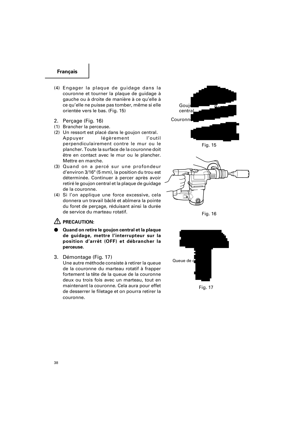 Hitachi DH 25PB instruction manual Perçage Fig, Démontage Fig 